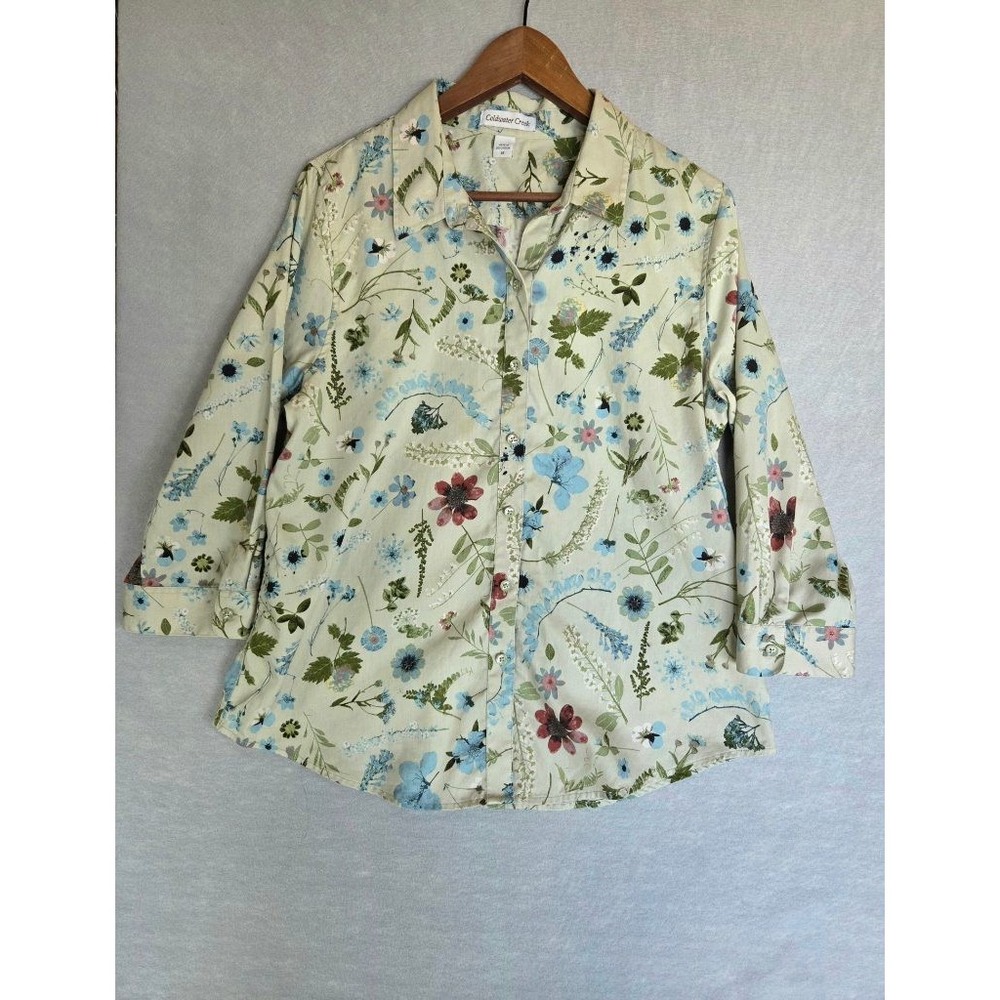 Coldwater Creek Floral Botanical Shirt Sz 14 Cottagecore Wildflower 100% Cotton